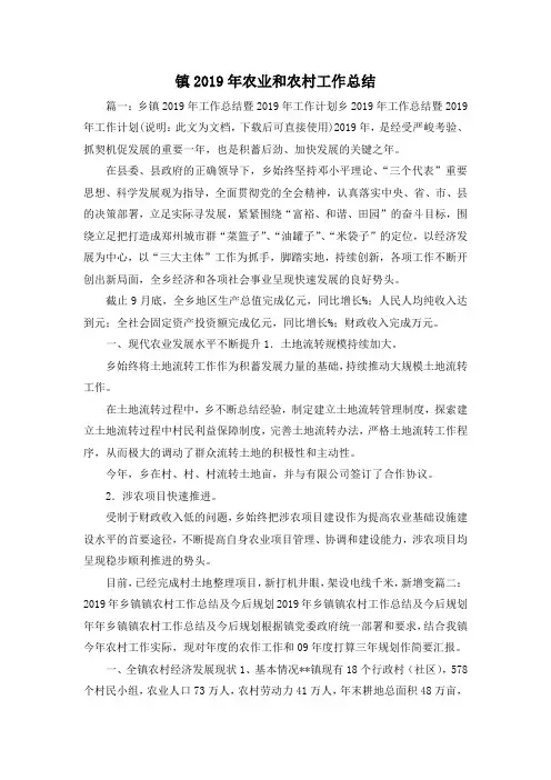 工作总结-镇2019年农业和农村工作总结 精品