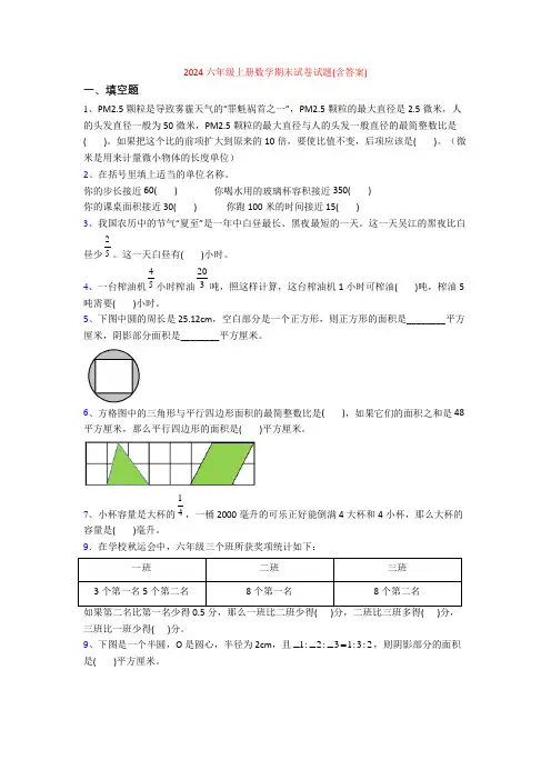 2024六年级上册数学期末试卷试题(含答案)