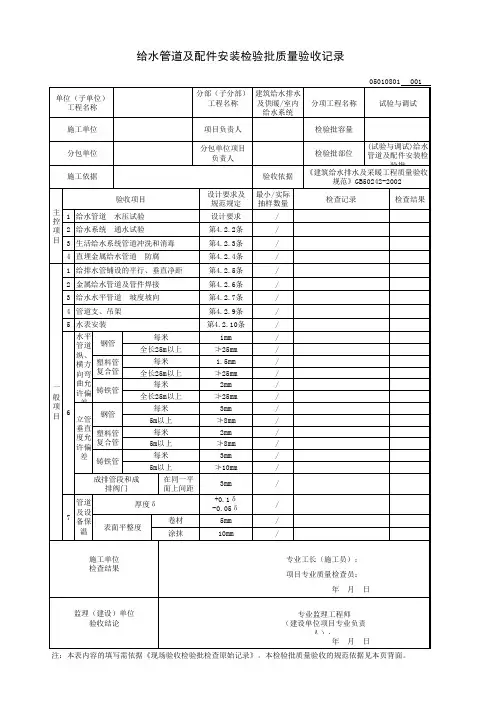 (试验与调试)给水管道及配件安装检验批质量验收记录