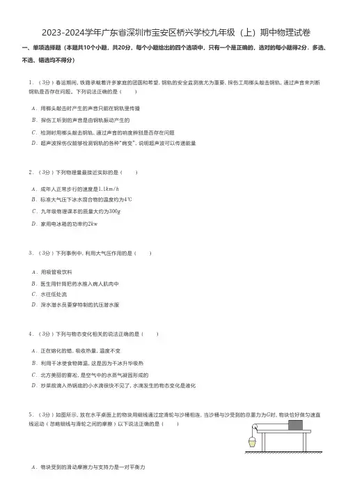 初中物理 2023-2024学年广东省深圳市宝安区九年级(上)期中物理试卷