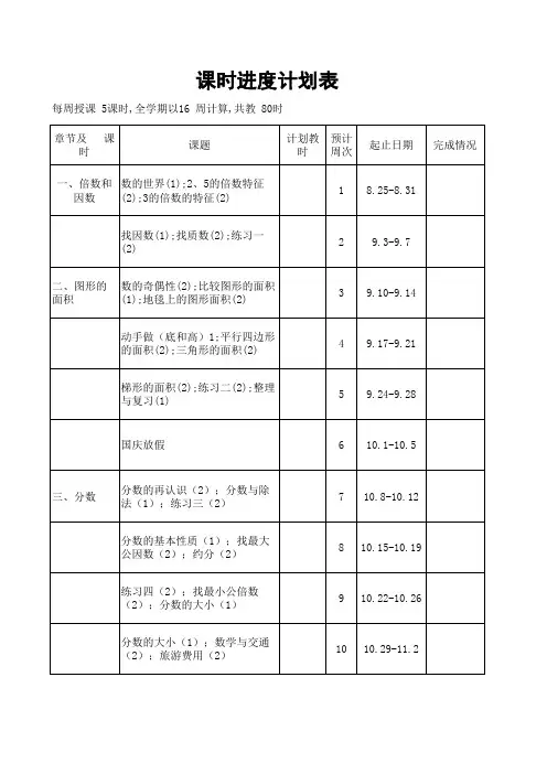 学年第一学期北师大小学五年级数学进度计划