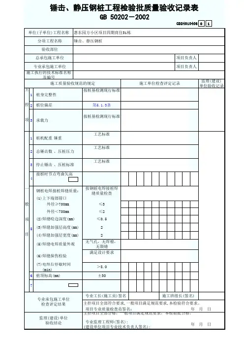 锤击、静压钢桩工程检验批质量验收记录表