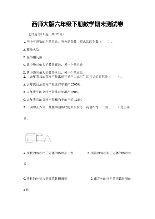 西师大版六年级下册数学期末测试卷(精华版)