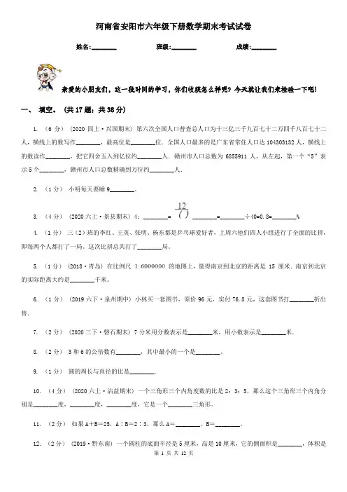 河南省安阳市六年级下册数学期末考试试卷