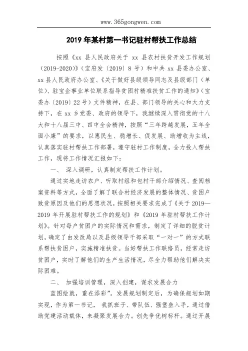 2019年某村第一书记驻村帮扶工作总结
