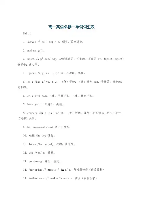 高一英语必修一单词词汇表