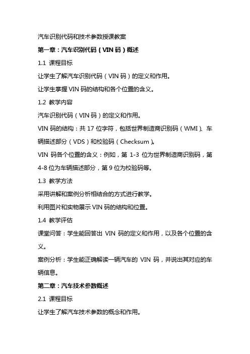 汽车识别代码和技术参数授课教案