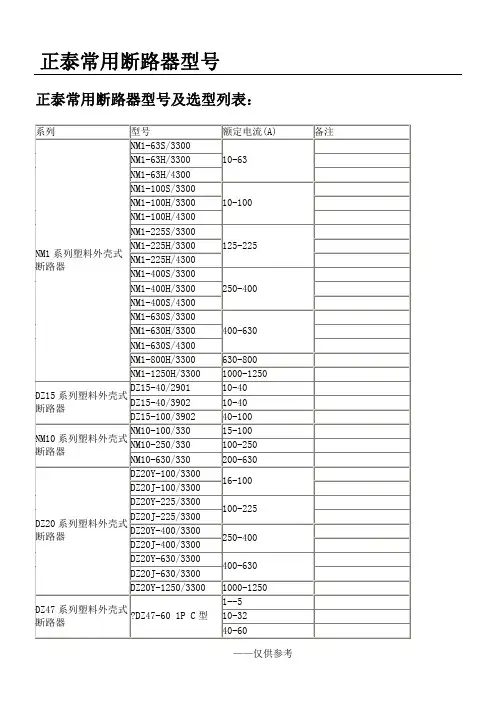 正泰电器常用断路器型号