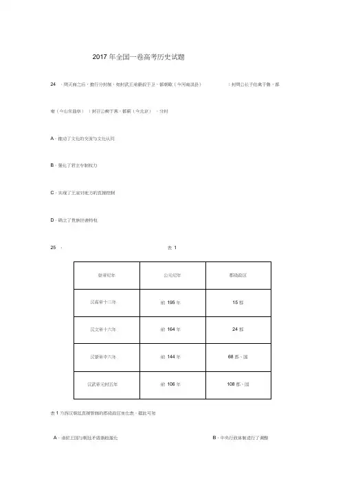 2017年全国一卷高考历史试题及答案