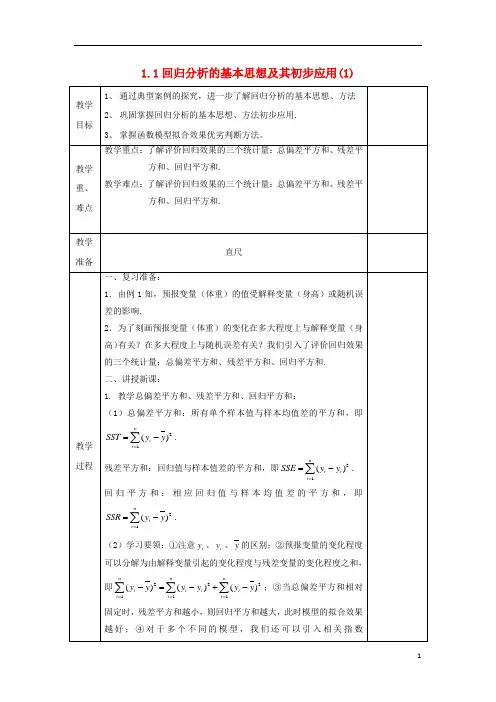高中数学第一章统计案例1.1回归分析的基本思想及其初步应用1教案文新人教A版选修1