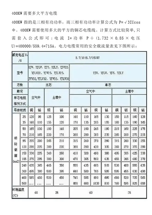 400KW需要多大平方电缆
