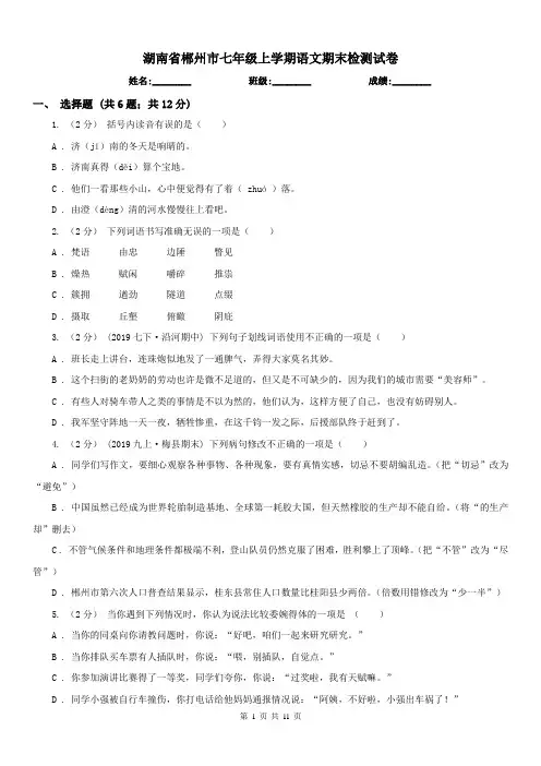 湖南省郴州市七年级上学期语文期末检测试卷
