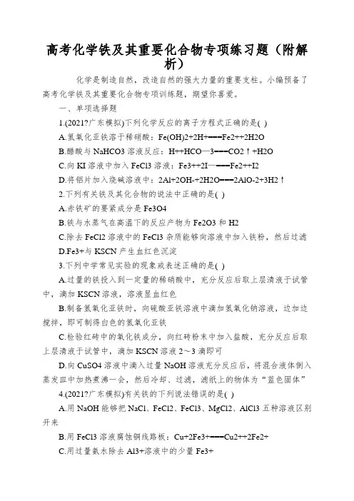 高考化学铁及其重要化合物专项练习题(附解析)