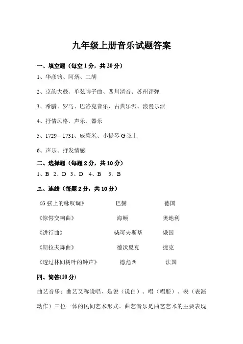九年级上册音乐试题答案1