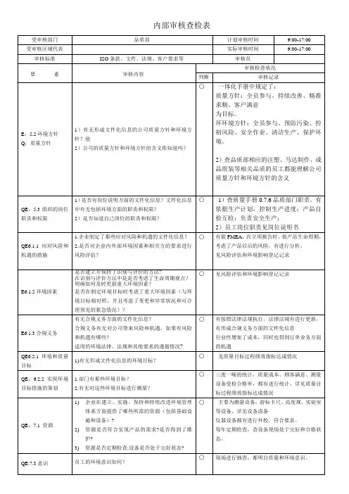 ISO9001和14001内审查检表 (品质部)