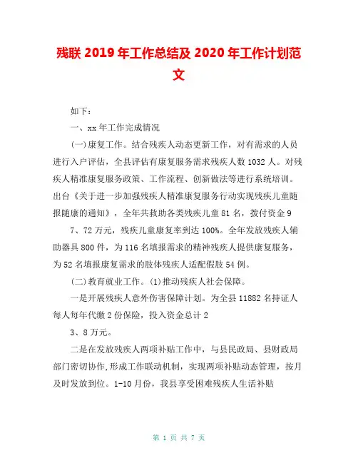 残联2019年工作总结及2020年工作计划范文