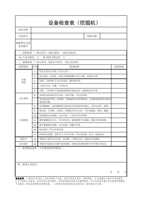 挖掘机检查表
