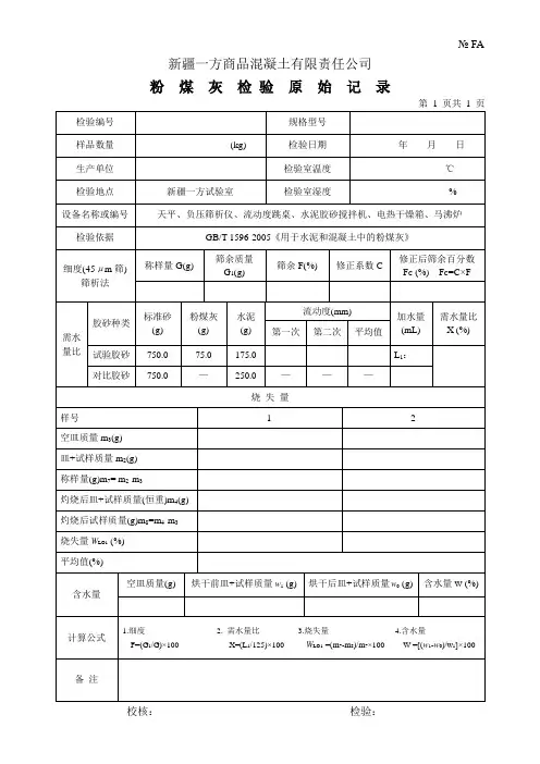 粉煤灰检验原始记录