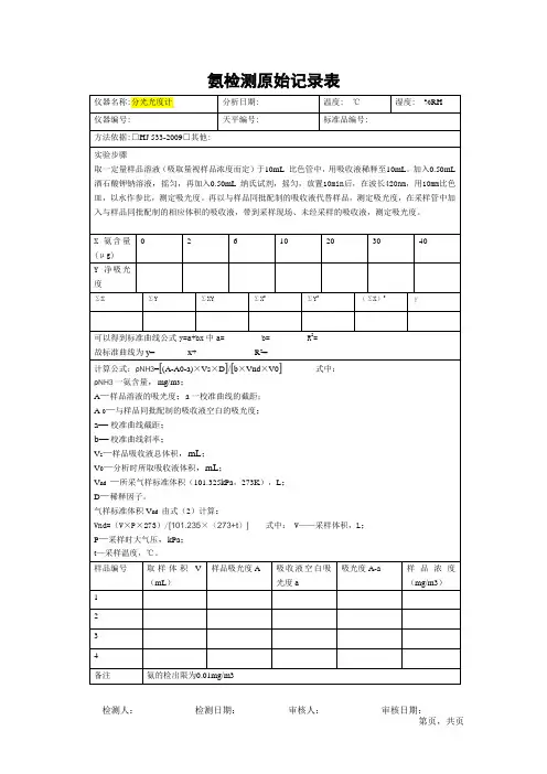 空气质量氨检测原始记录