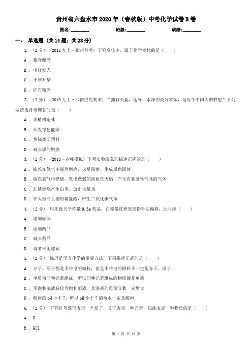贵州省六盘水市2020年(春秋版)中考化学试卷B卷