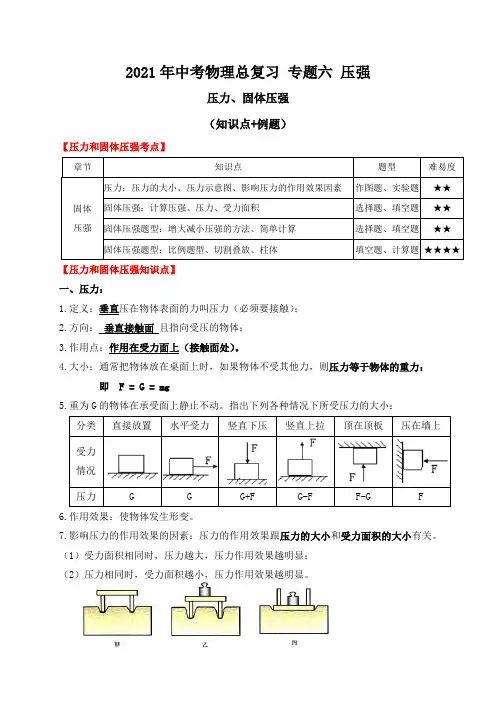 专题6 压强(压力、固体压强)知识点+例题—2021届九年级中考物理一轮总复习专题讲义