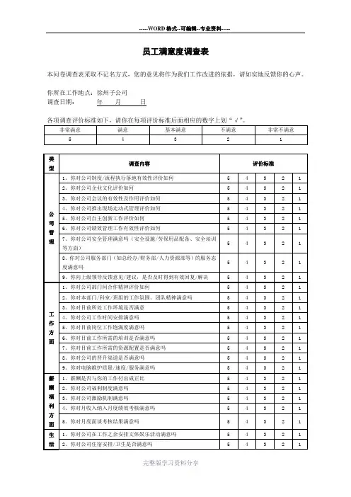 员工满意度调查表