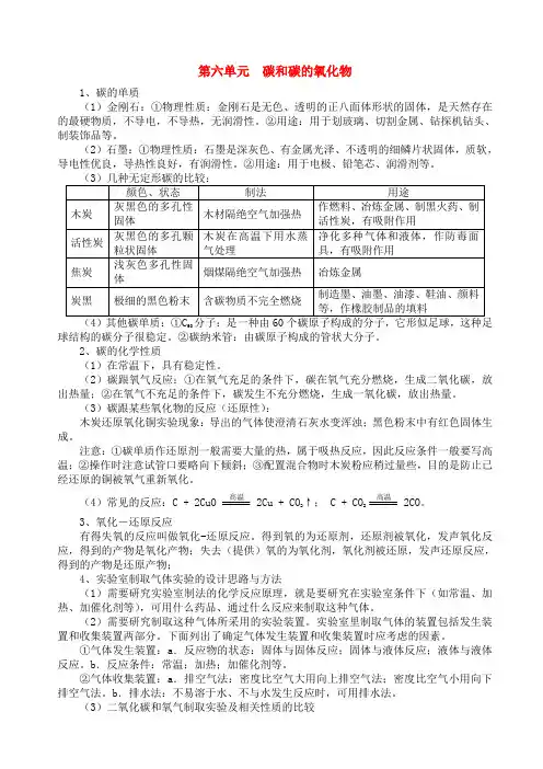 初中化学单元知识点小结 第6单元 碳和碳的氧化物