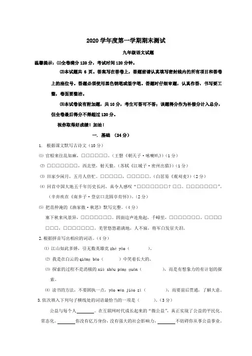 广东省揭阳市2020学年度九年级上学期语文期末考试试卷
