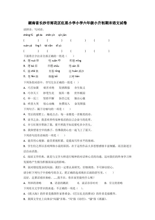 湖南省长沙市雨花区红星小学小学六年级小升初期末语文试卷