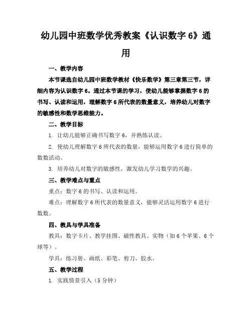 幼儿园中班数学优秀教案《认识数字6》通用
