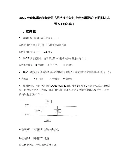 2022年廊坊师范学院计算机网络技术专业《计算机网络》科目期末试卷A(有答案)