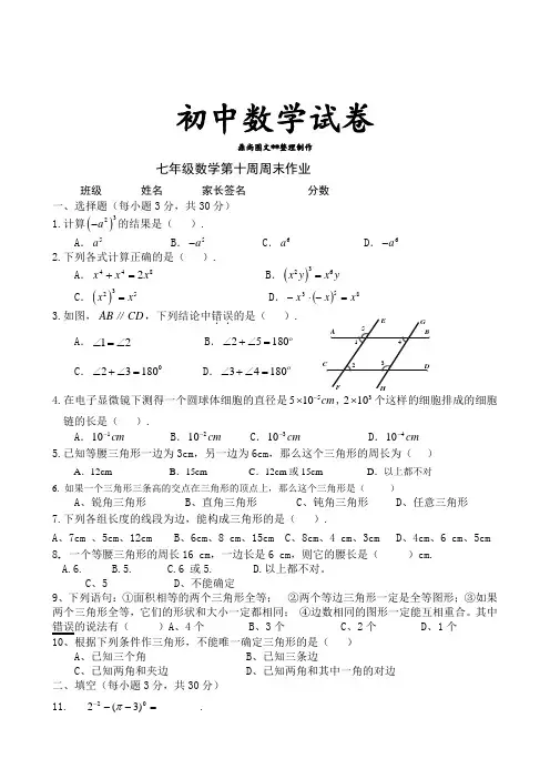 北师大版数学七年级下第十周周末作业.docx