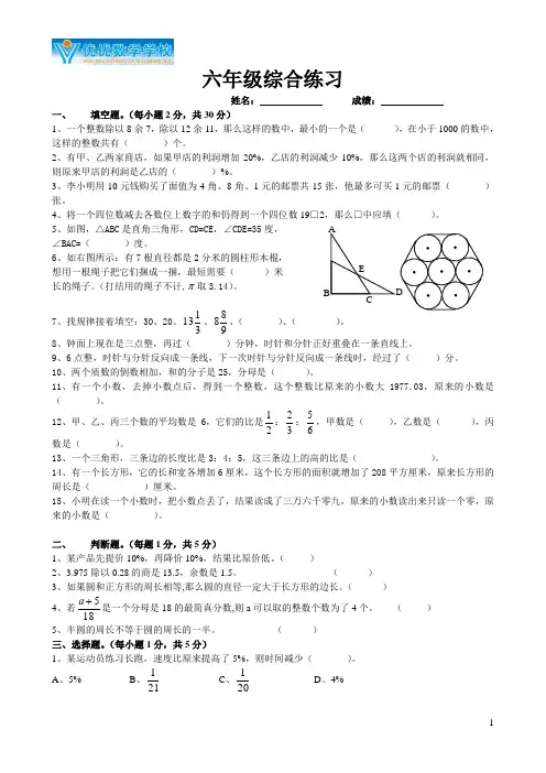 2014成都实验外国语学校小升初数学模拟试卷