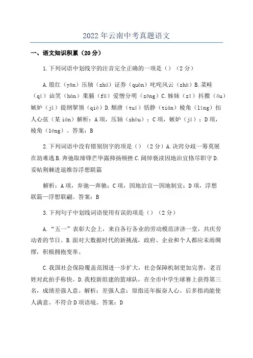 2022年云南中考真题语文