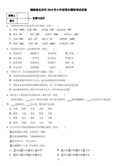 湖南省长沙市2024年小升初语文模拟考试试卷2(含答案)