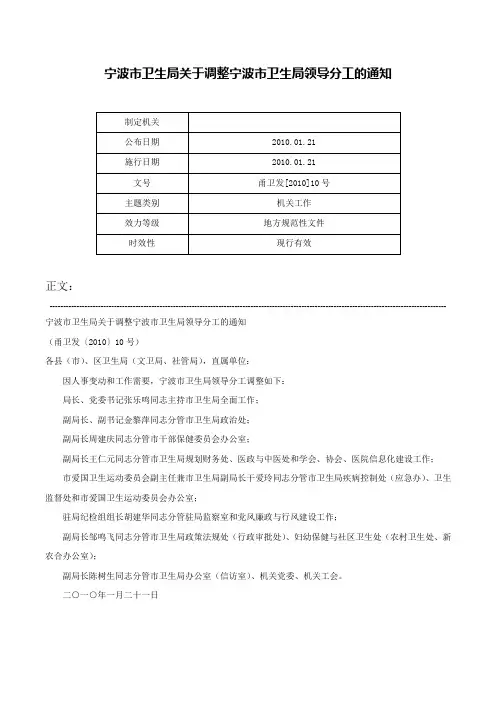 宁波市卫生局关于调整宁波市卫生局领导分工的通知-甬卫发[2010]10号