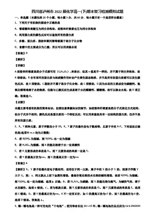 四川省泸州市2022届化学高一(下)期末复习检测模拟试题含解析
