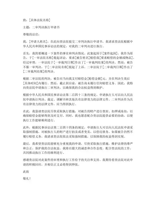 二审判决执行申请书范本
