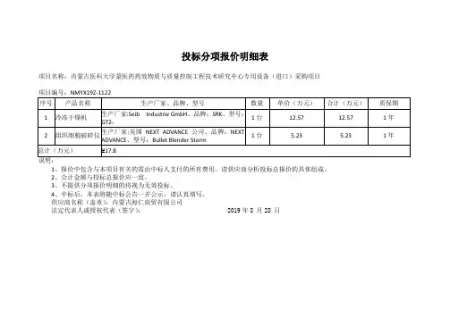 投标分项报价明细表