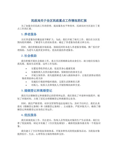 民政局关于全区民政重点工作情况的汇报