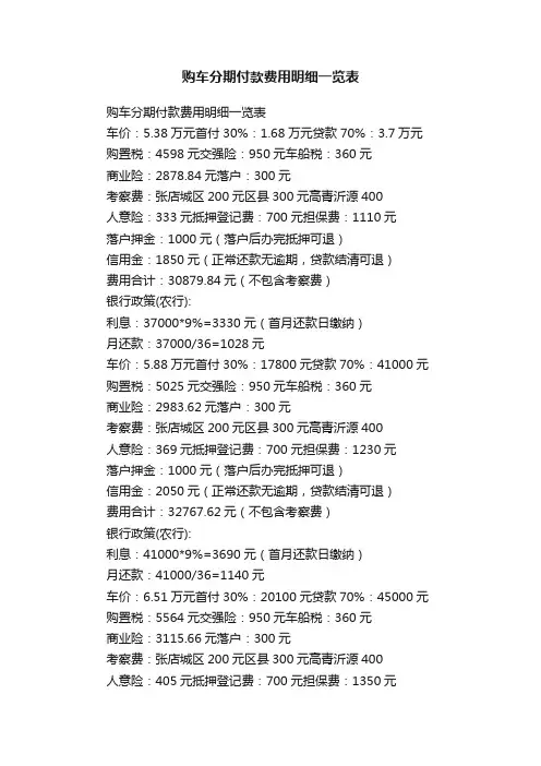 购车分期付款费用明细一览表