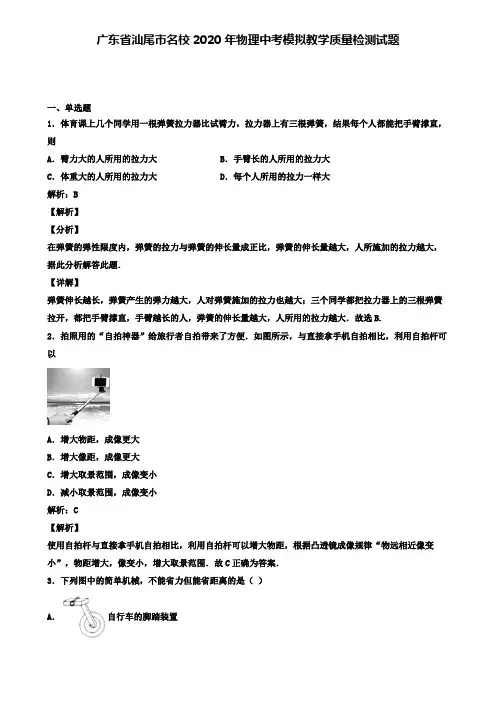广东省汕尾市名校2020年物理中考模拟教学质量检测试题(含答案有解析)