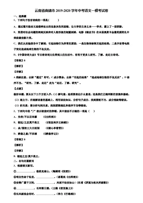 云南省曲靖市2019-2020学年中考语文一模考试卷含解析