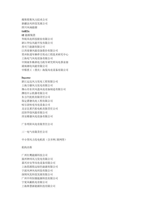 中国风电名单