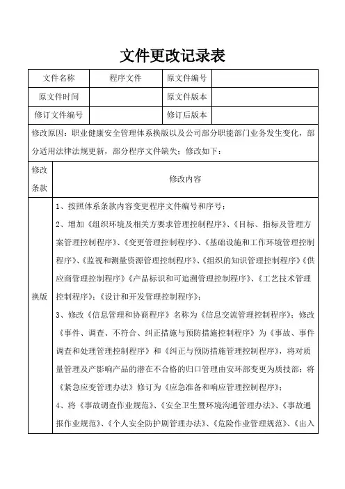 公司程序文件更改记录表