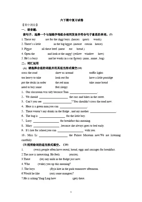 期中复习(试题)译林版(三起)英语六年级下册