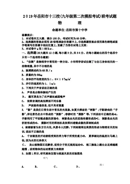 湖南省九年级下学期联考(二模)物理试题