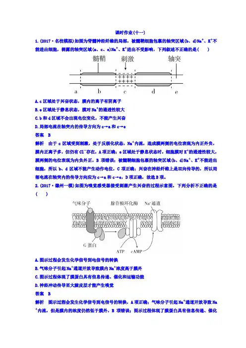 2018届高考生物二轮专题复习测试题 ：专题11动物生命活动的调节 含答案
