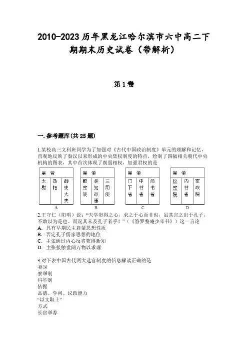 2010-2023历年黑龙江哈尔滨市六中高二下期期末历史试卷(带解析)