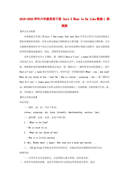 2019-2020学年六年级英语下册 Unit 5 What Is He like教案1 陕旅版